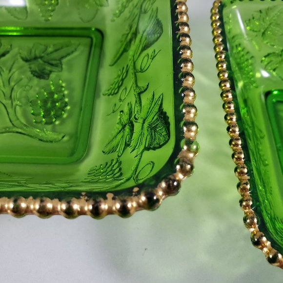 EAPG US Glass Emerald Green Beaded Grape "California" Square Bowl Set ca. 1899 - Picture 6 of 8